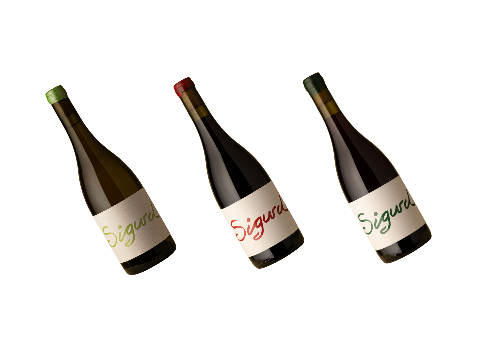 Three wine bottles with 'Sigurd' branding on a white background