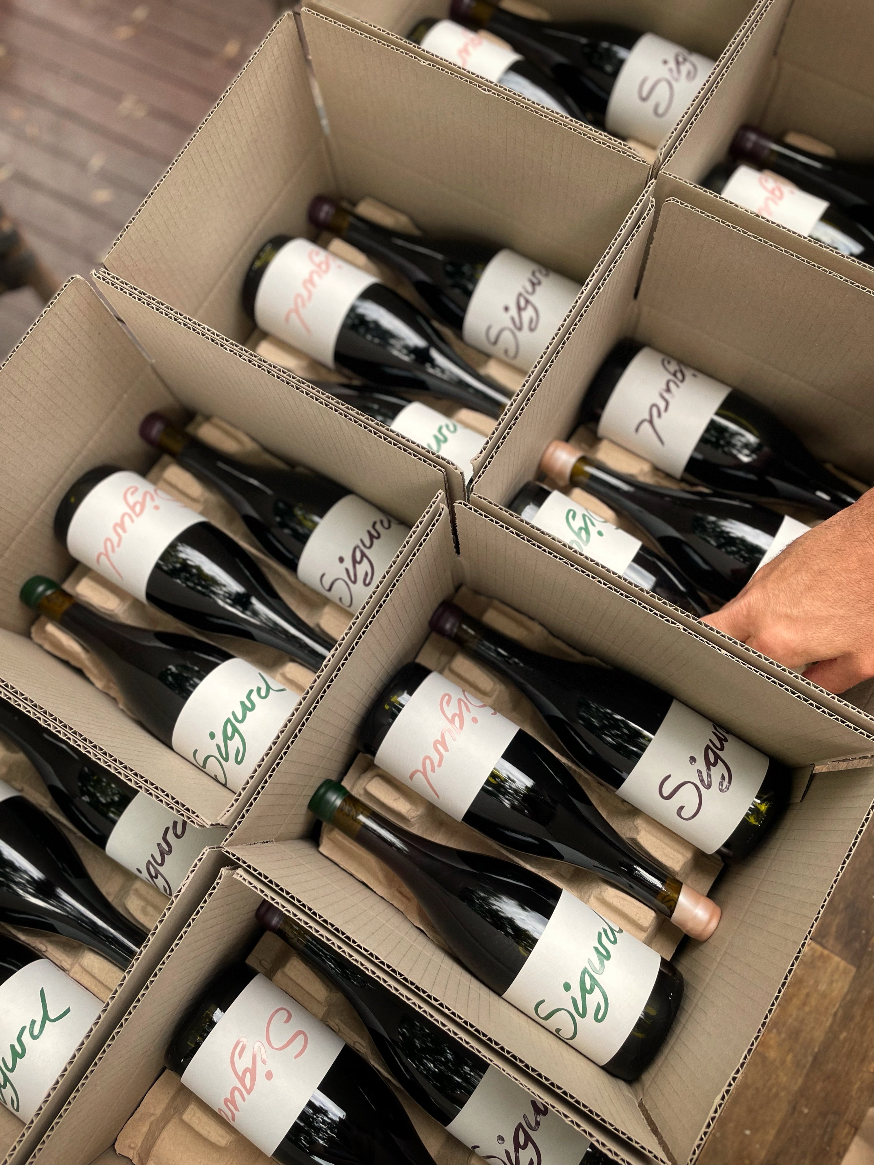 Box of Sigurd Wines, packing wine bottles