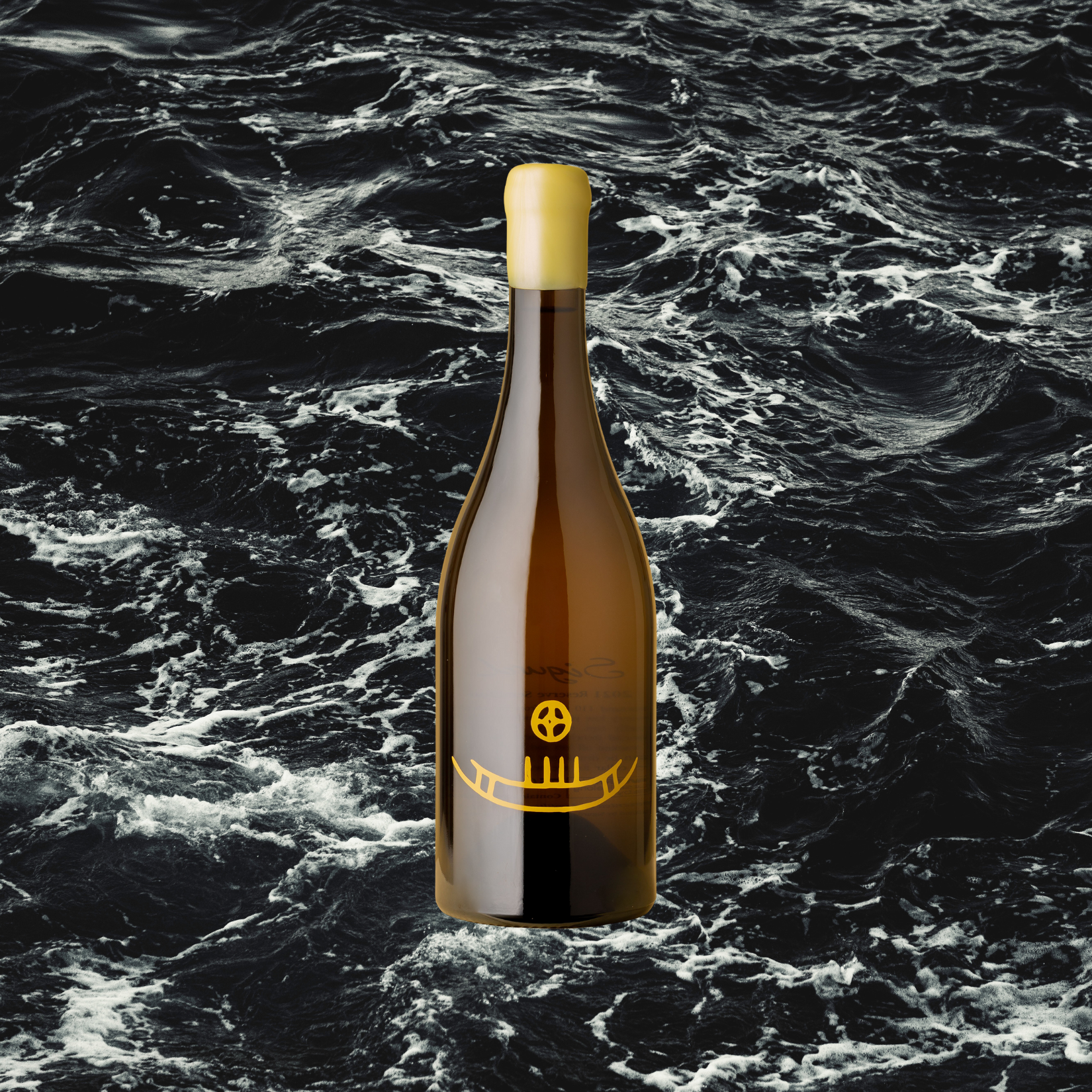 A bottle of 2021 Sigurd Reserve Semillon wine positioned against a dark, wavy background.