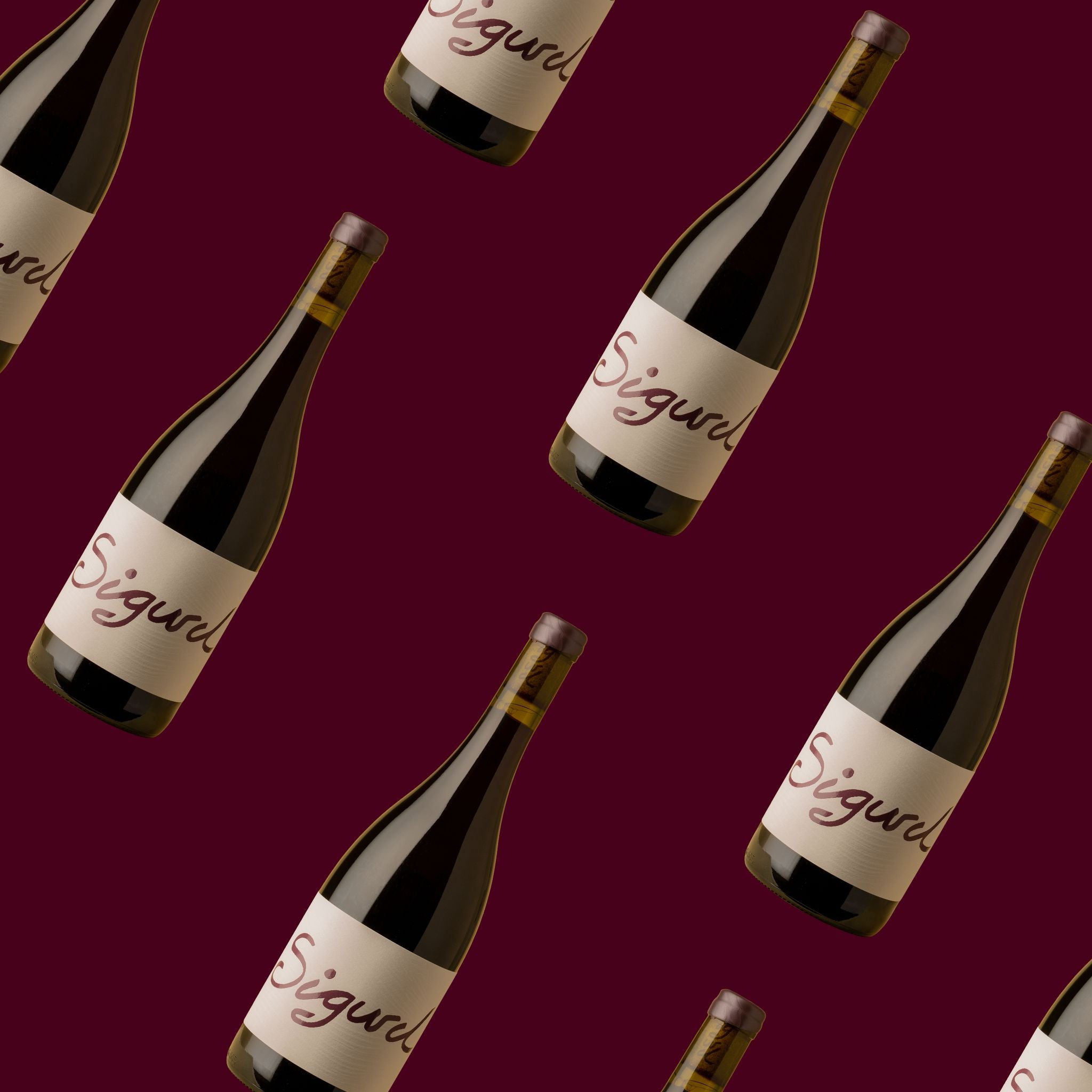 Pattern of Sigurd wine bottles on a red background