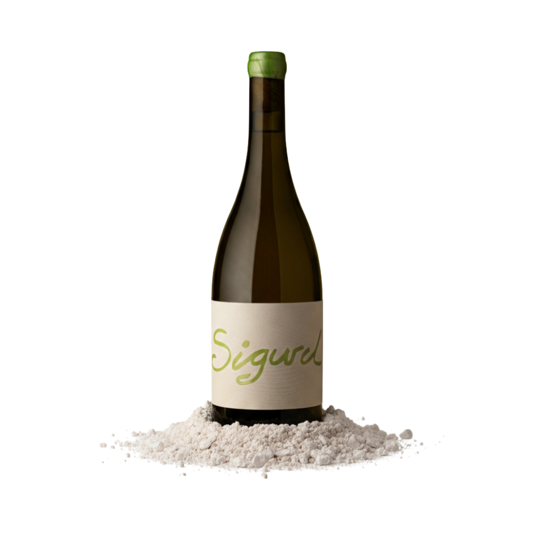 Wine bottle labeled 'Sigurd' on a chalk soi background