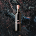 A bottle of 2021 Sigurd Reserve Cabernet Sauvignon with a dark label, placed against a background with a swirling, dark, and vibrant mosaic pattern.