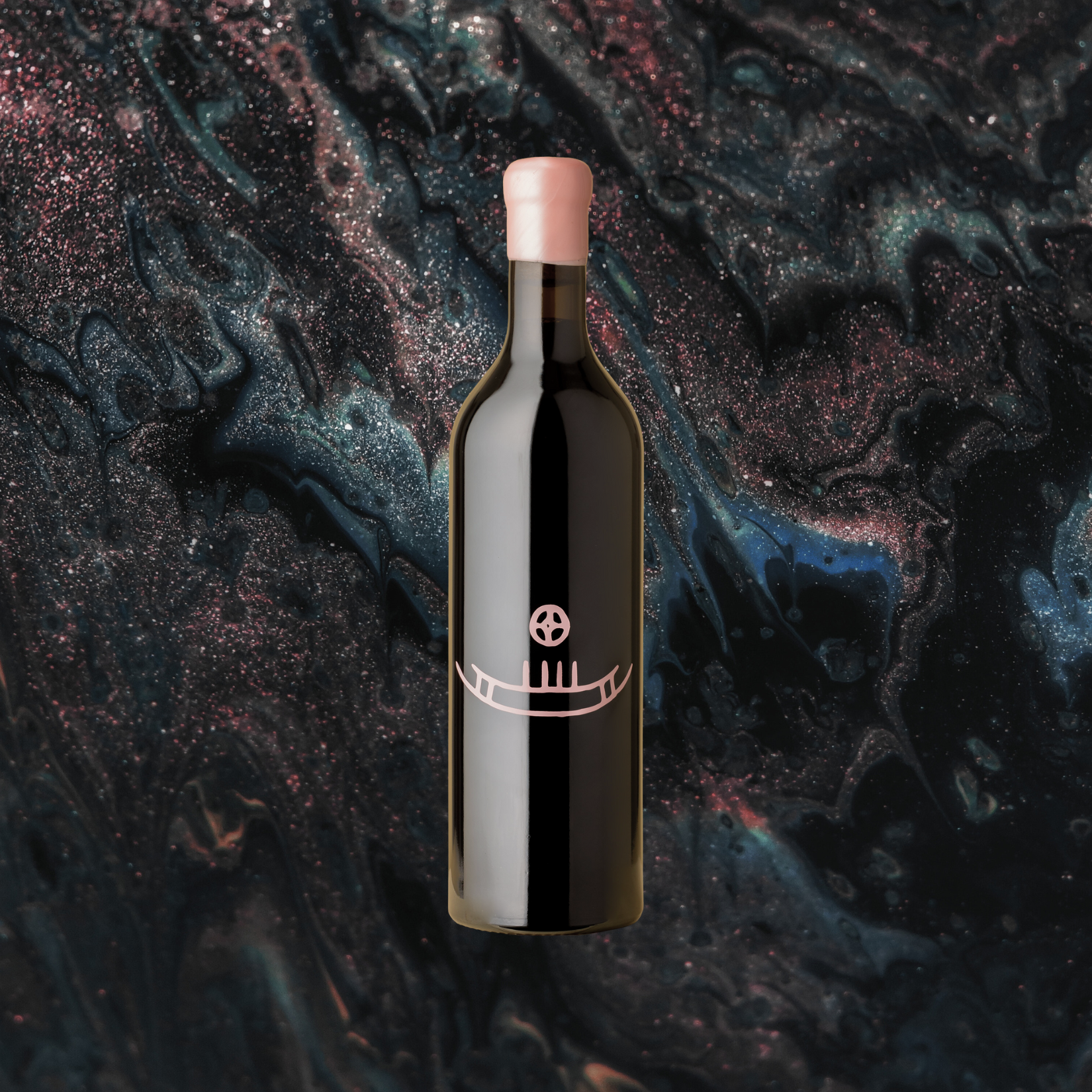 A bottle of 2021 Sigurd Reserve Cabernet Sauvignon with a dark label, placed against a background with a swirling, dark, and vibrant mosaic pattern.